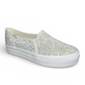 Keds x Kate Spade Triple Decker Glitter Slip-On Sneakers Women’s 6 Silver Canvas